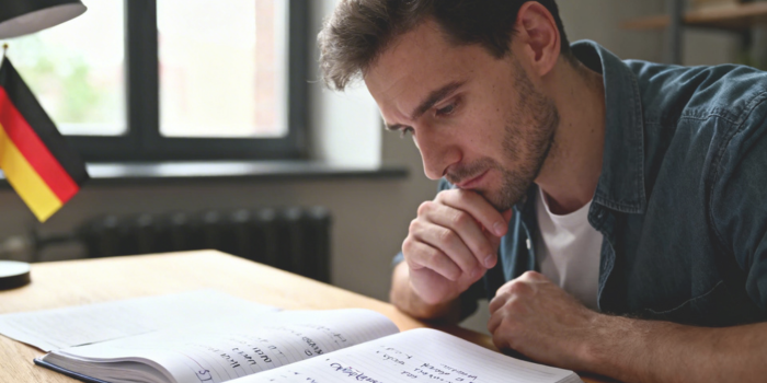 Je němčina těžká – student studuje německou gramatiku