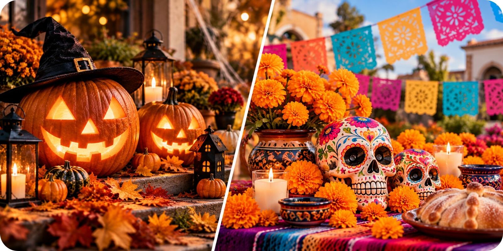 Rozdíl mezi Halloweenem a Día de los Muertos – halloweenové dýně a mexický oltář s květinami a tradičními dekoracemi